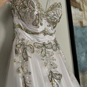 Elegant White and Gold Embellished Wedding Dress